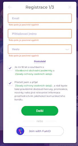 Formulář registrace do online kasina – krok 1/3 se zadáním emailu, přihlašovacího jména, hesla a možností souhlasu s podmínkami a ochranou osobních údajů.