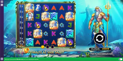 Hrací automat Waves of Poseidon – podmořské prostředí, symboly delfínů, chrámů a boha Poseidona, možnost výhry až 5000× sázky.
