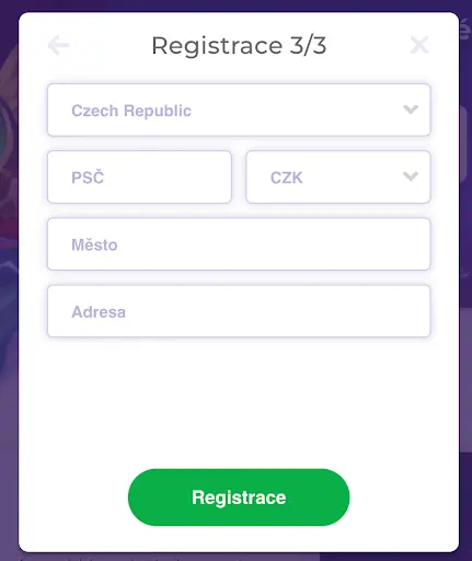 Registrační formulář krok 3/3 – výběr země, měny, zadání PSČ, města a adresy, tlačítko „Registrace“.