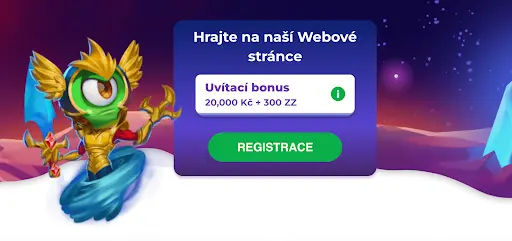 Barevný banner s kreslenou postavou zeleného tvora v brnění a textem „Hrajte na naší Webové stránce, Uvítací bonus 20 000 Kč + 300 ZZ“, tlačítko „Registrace“.