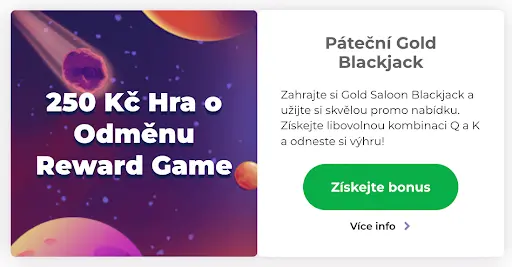 Promo banner Páteční Gold Blackjack – 250 Kč hra o odměnu, speciální Reward Game s kombinací Q a K.