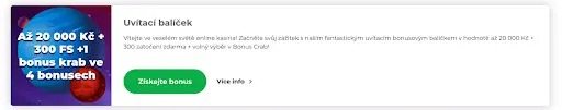 Banner uvítacího balíčku online kasina – nabídka až 20 000 Kč, 300 free spinů a 1 bonusový krab ve 4 bonusech, tlačítka Získejte bonus a Více info.