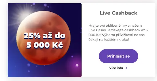 Promo banner Live Cashback – 25 % až do 5 000 Kč, nabídka pro hráče Live Casina.