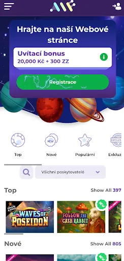 Mobilní verze webu online kasina s uvítacím bonusem 20 000 Kč + 300 zatočení zdarma, tlačítkem Registrace a nabídkou kategorií her.