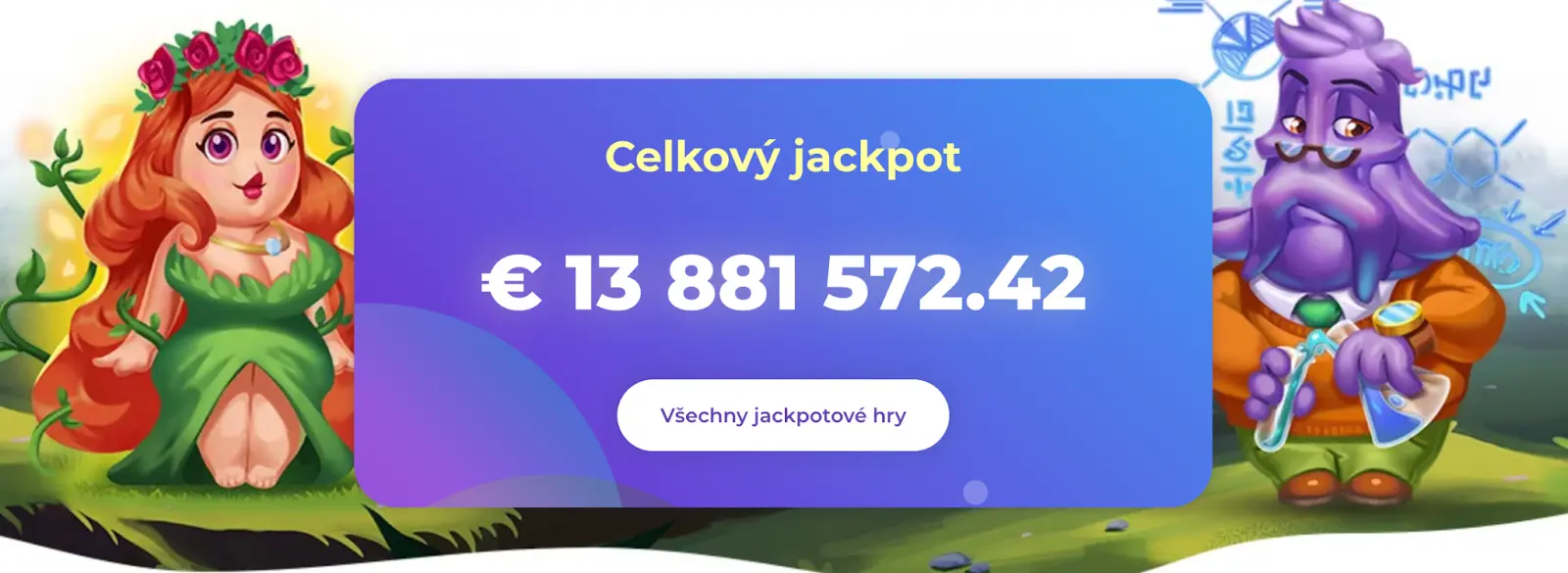 Banner kasina s animovanými postavami a textem „Celkový jackpot €13 881 572.42