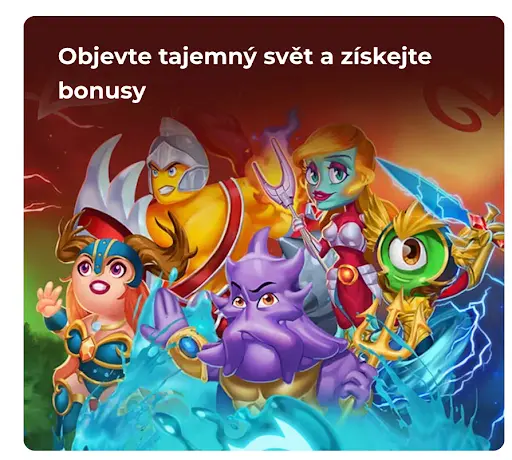Barevná ilustrace fantasy postav z online kasina, včetně bojovníků, kouzelníků a mýtických bytostí, s textem „Objevte tajemný svět a získejte bonusy