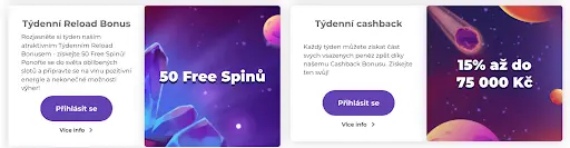 Barevný banner s galaktickým pozadím a planetami, který představuje týdenní nabídky online kasina – Reload Bonus se 50 free spiny a týdenní cashback až 15 % do 75 000 Kč.