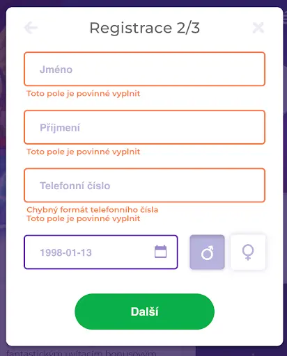 Registrační formulář krok 2/3 – pole pro zadání jména, příjmení, telefonního čísla, data narození a výběr pohlaví.